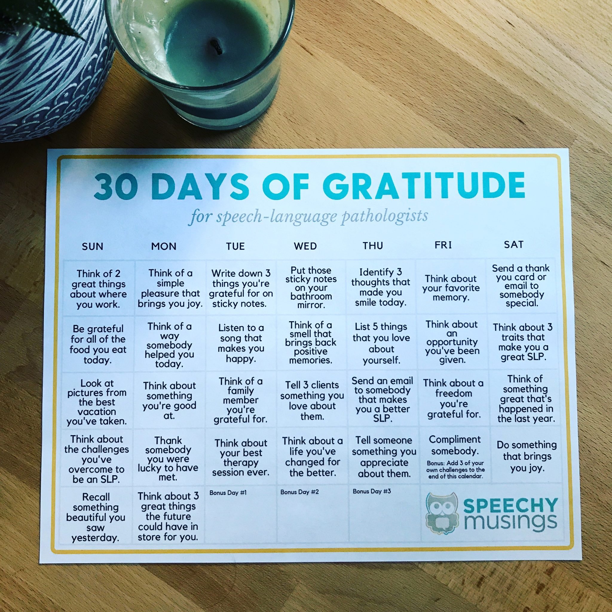 Free Gratitude Challenge 30 Days for SLPs Speechy Musings