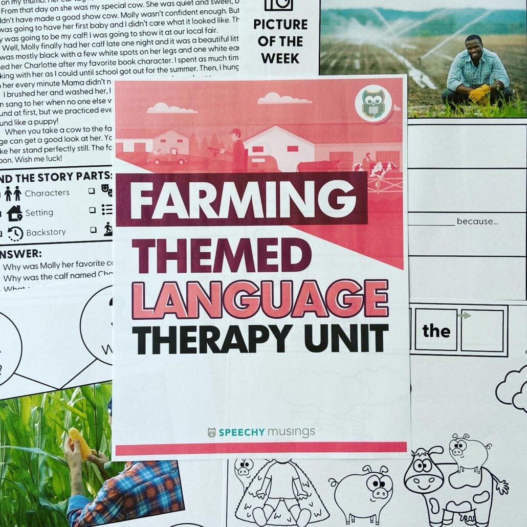 A smiling speech-language pathologist holds the cover of a Farming Themed Language Therapy Unit