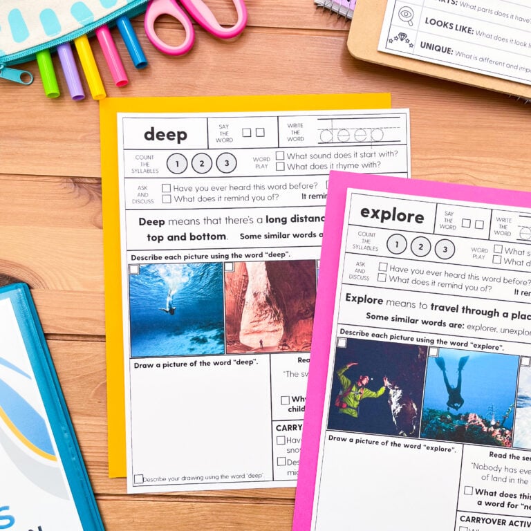 Speechy Musings vocabulary therapy materials laid out on a desk with classroom supplies