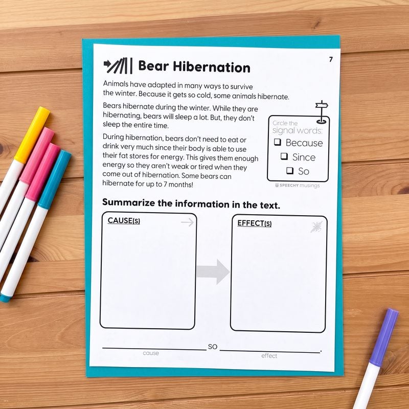Bear Hibernation cause and effect worksheet from the Bears Themed Language Unit