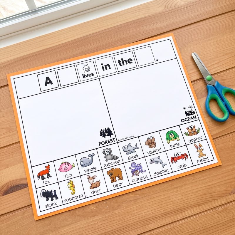 Forest and ocean animal sorting mat on orange cardstock from the Bears Themed Language Unit