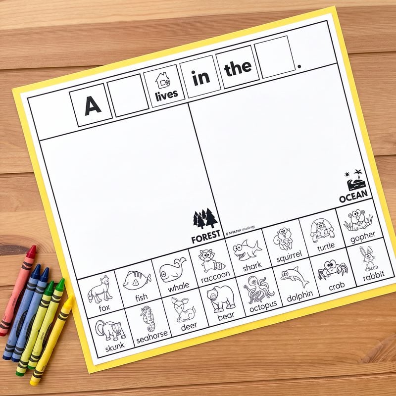 Black and white ink saver version of the animal sorting mat with crayons