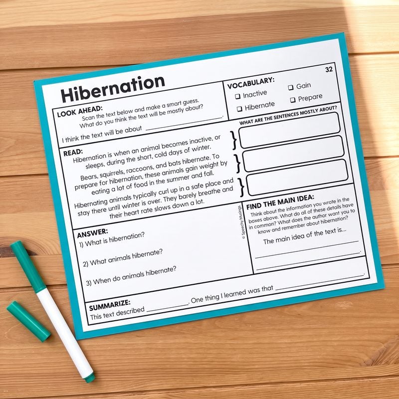 Hibernation nonfiction text worksheet from the Bears Themed Language Unit