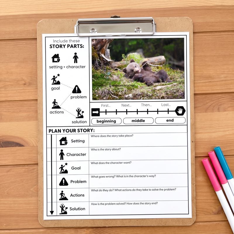 Story planning worksheet with a bear cub photo from the Bears Themed Language Unit