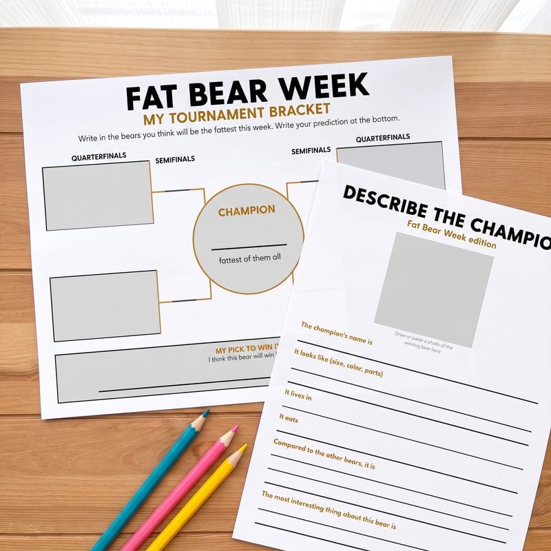 Free Fat Bear Week tournament bracket and Describe the Champion printables