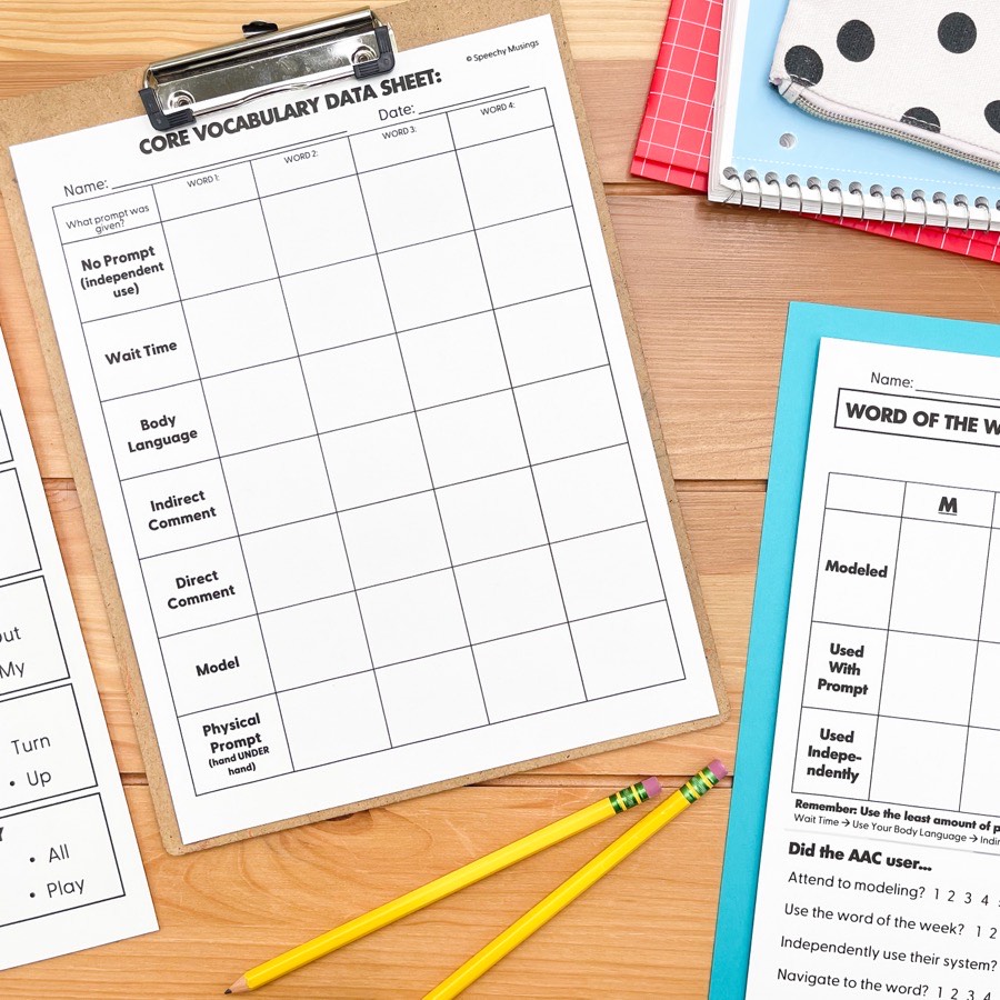 Core vocabulary data sheet on a clipboard