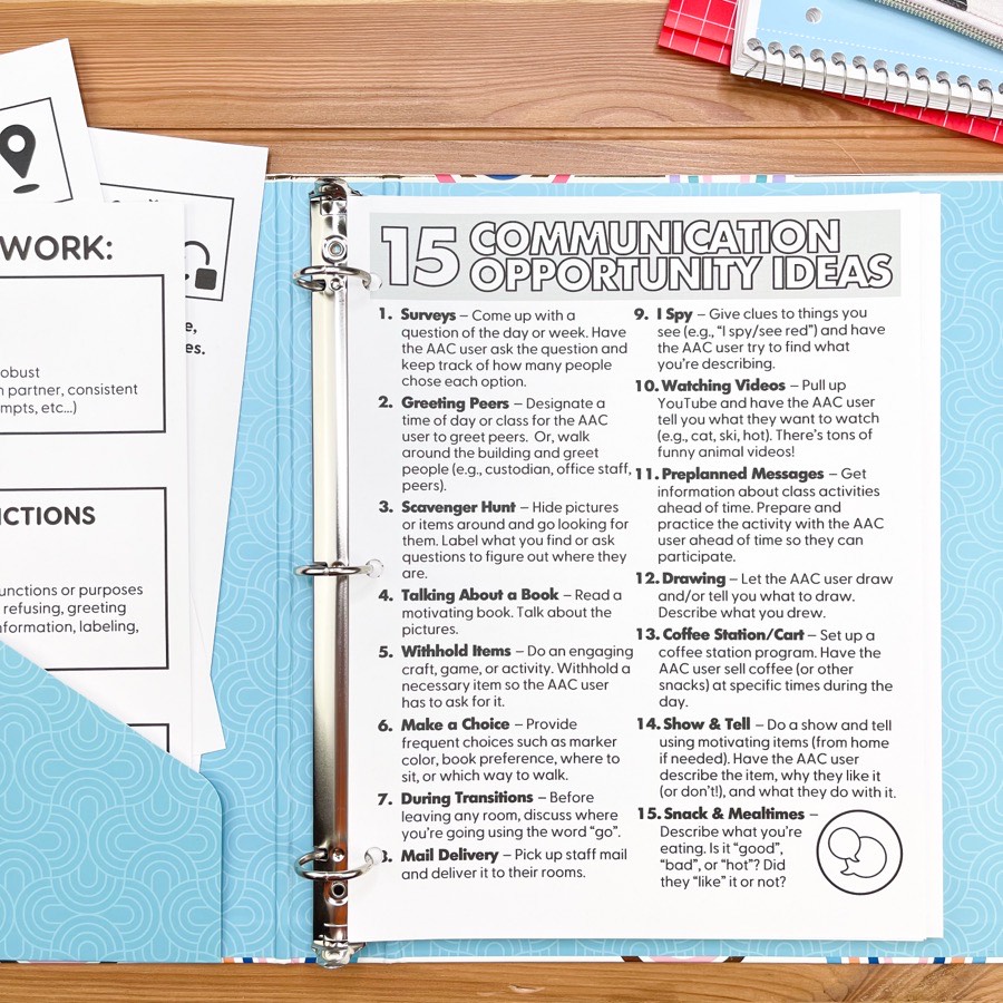 AAC toolkit binder with communication opportunity ideas