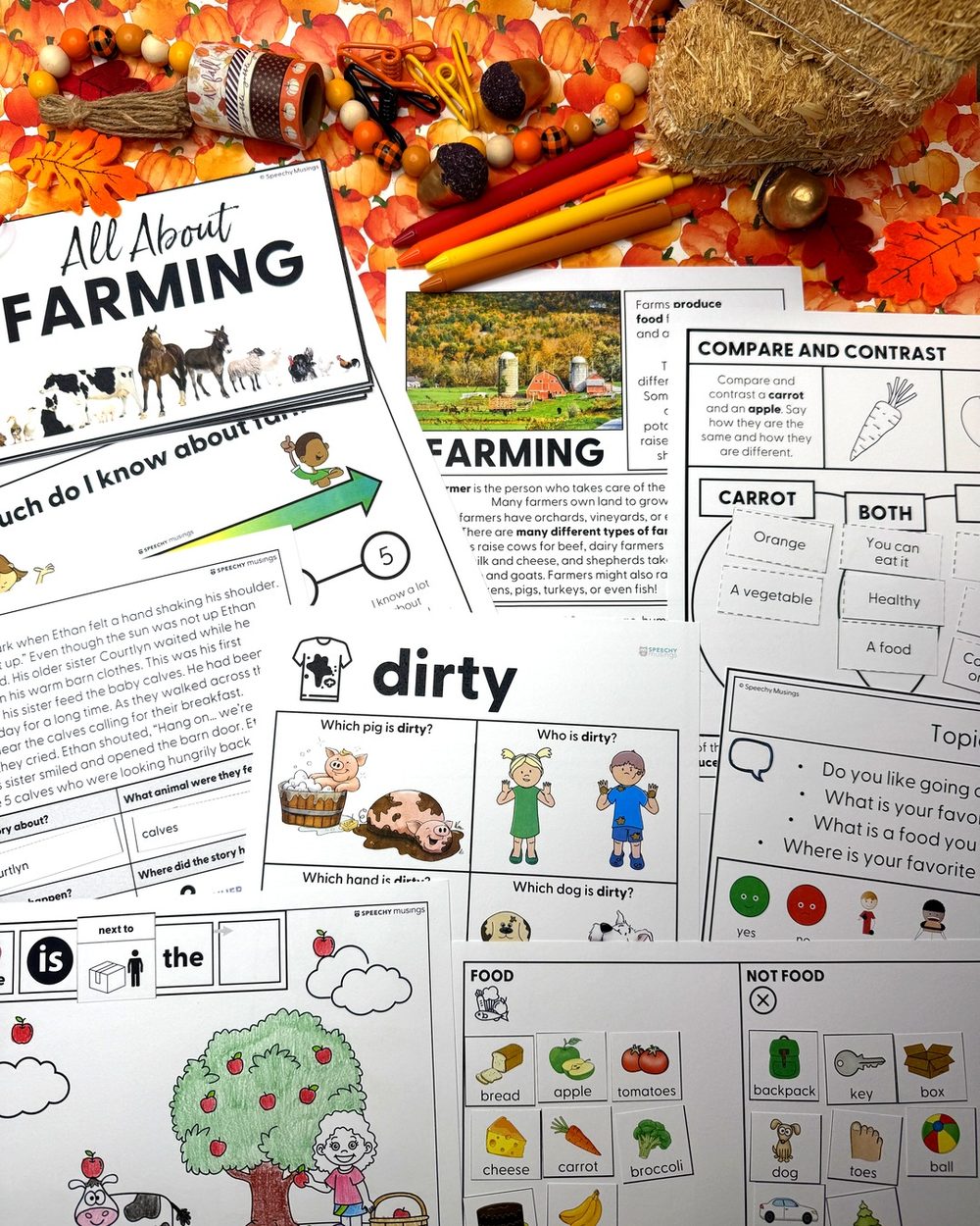 Farm Themed Language Unit pages spread on fall leaves with mini pumpkins