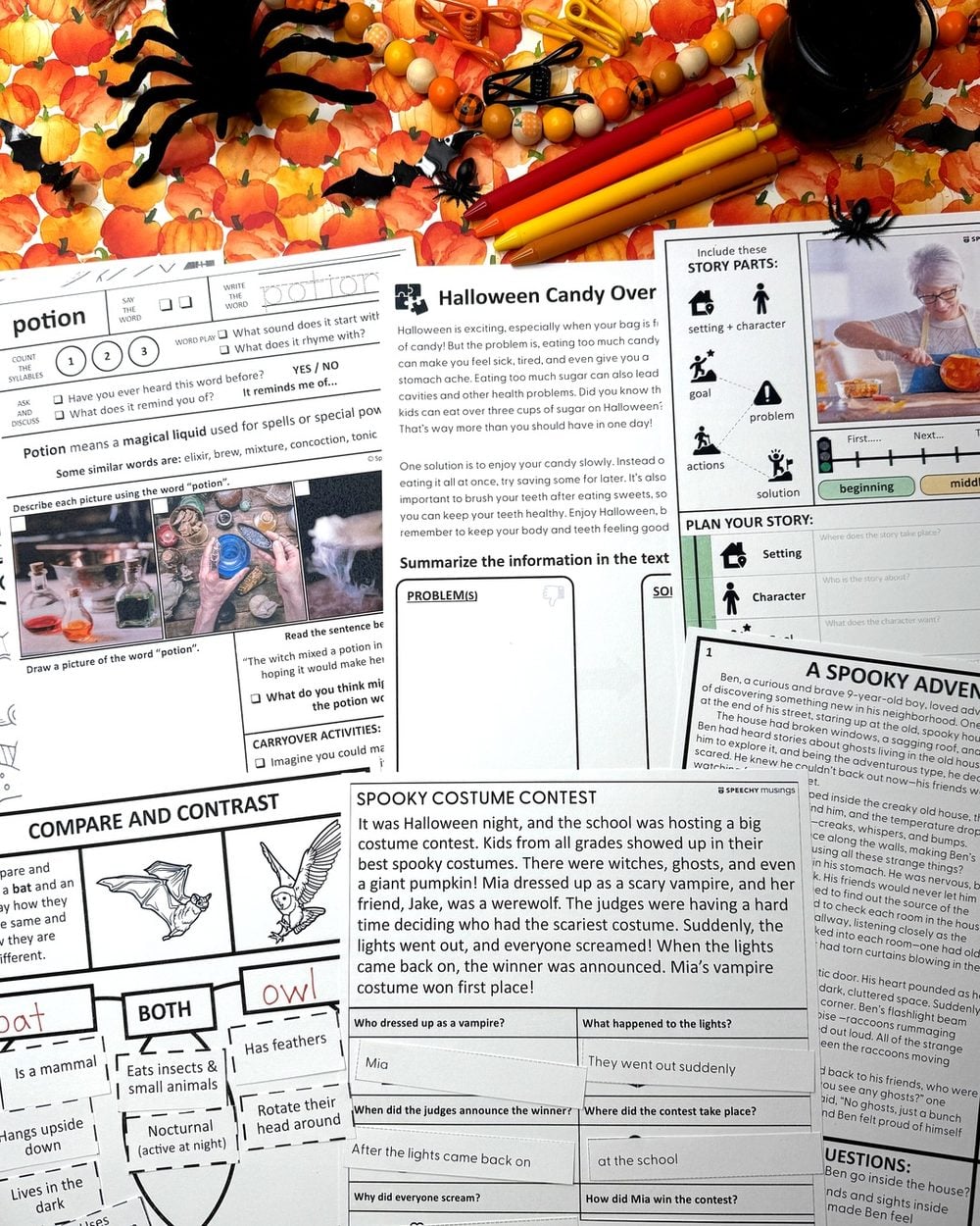 Pages from the Halloween Themed Language Unit spread on fall leaves with a spider and bats