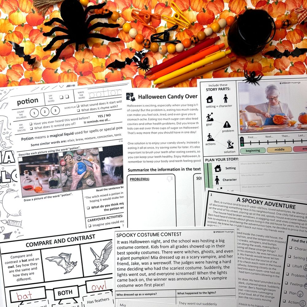 Halloween Themed Language Unit pages with a spider and a witch hat