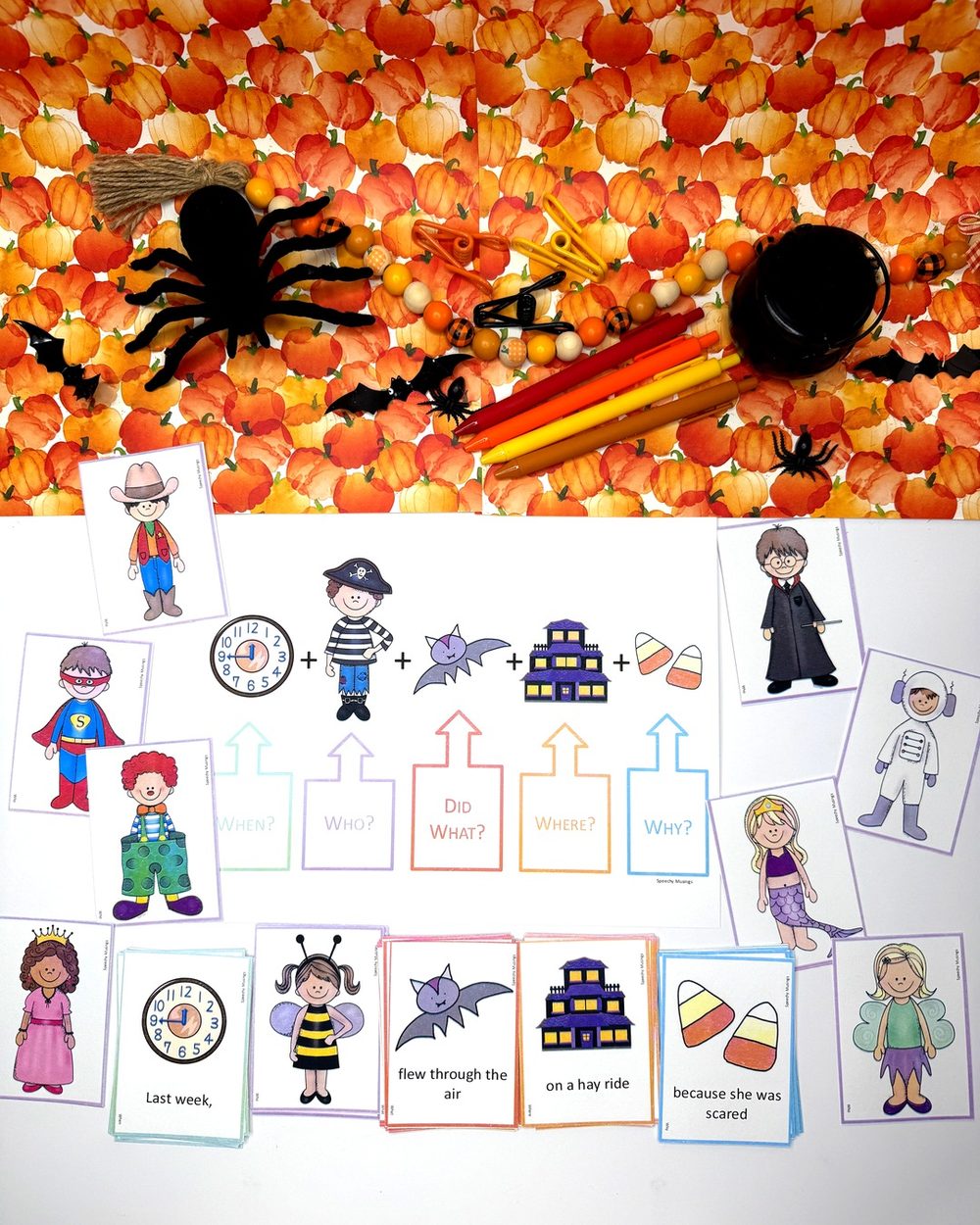 Haunted Halloween Sentences who, what, where, when, why cards laid out in a row