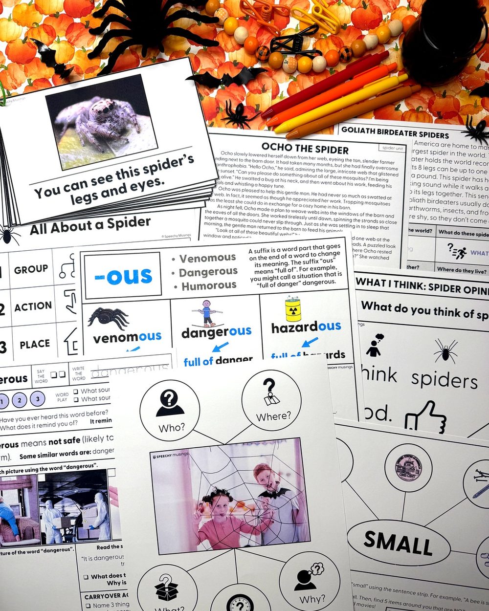 Spiders Themed Language Therapy Unit pages on fall leaves